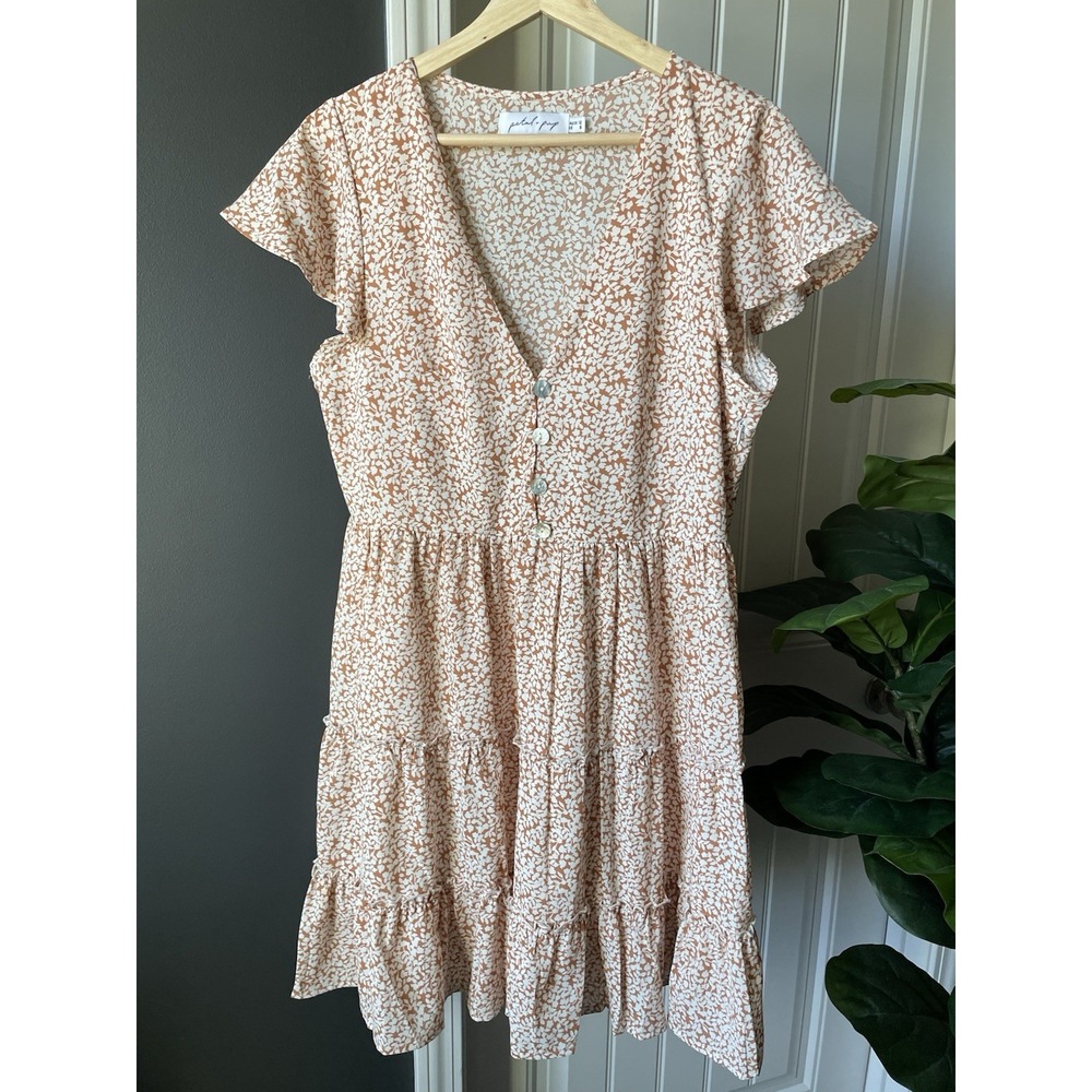 Petal & Pup Dancer Mini Dress Tan Cream Ditsy Floral V-Neck Boho Cottagecore 8